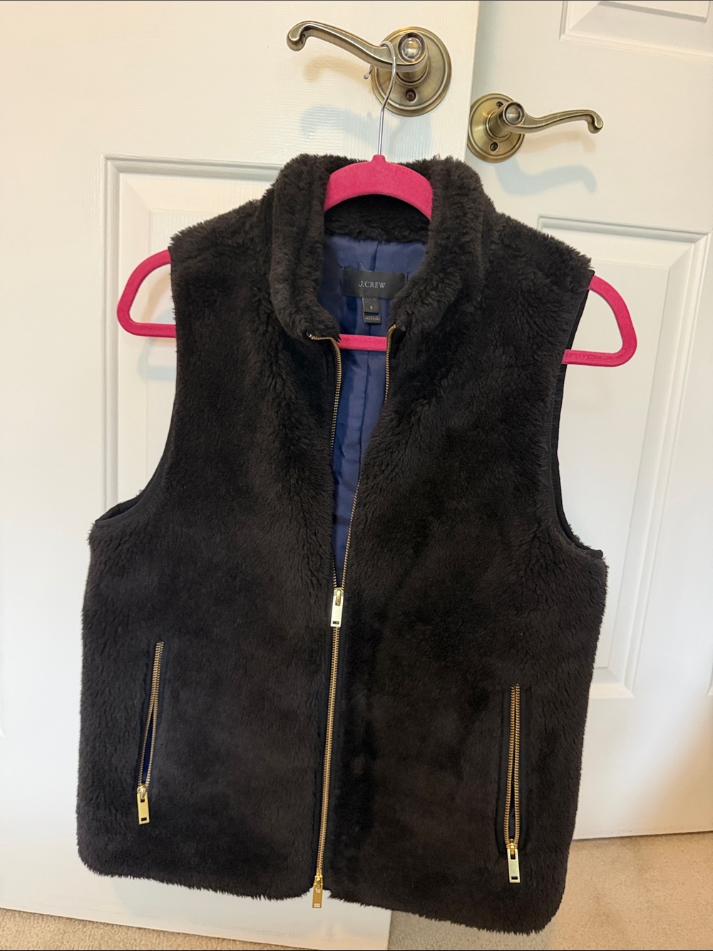 J. Crew Black Faux Fur Vest with Gold Zippers